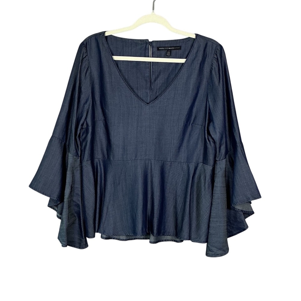 White House Black Market Peplum Blue Chambray Bell Sleeve V-Neck Blouse Size 10